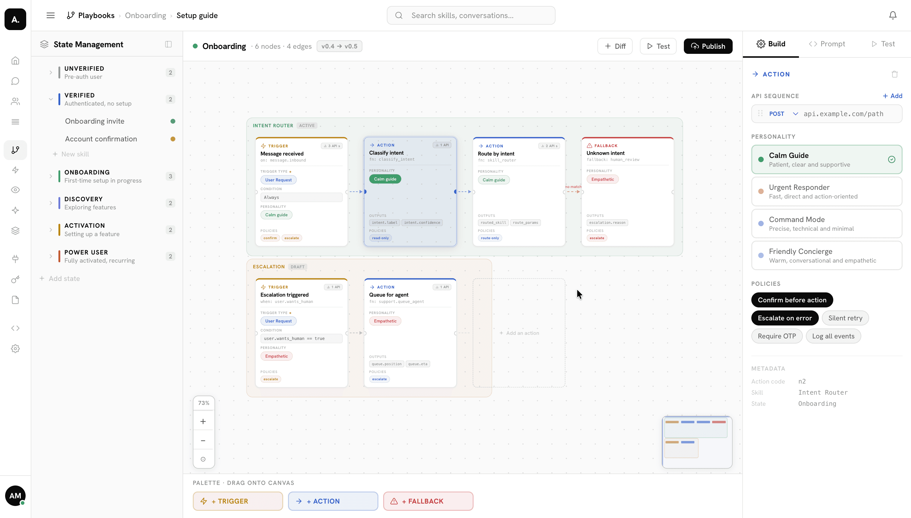 Aelio workflow builder showing an onboarding playbook